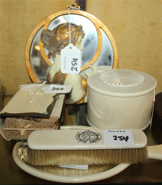 Ivory tusk box & cover, ivory back mirror & brush, ivory-covered Book of Common Prayer & an Art Nouveau style mirrored plaque